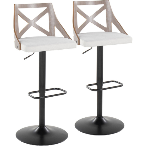 Charlotte Adjustable Swivel Bar Stool in Black Metal, Light Grey Wood & Cream Fabric (Set of 2)